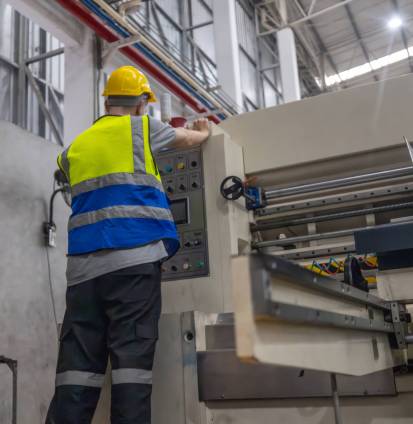Cardboard production technician ensure efficient setup of the automated printing machine, focusing on material alignment, quality control, and swift troubleshooting to enhance smoothing procedure.